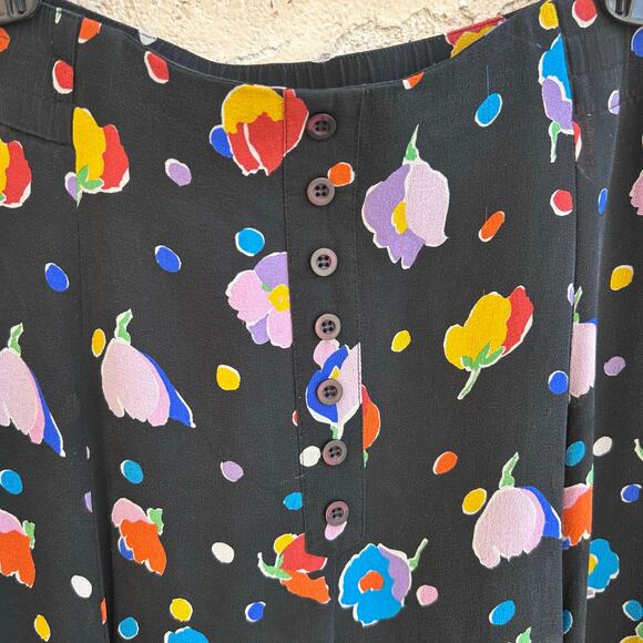 Vintage Button Front Floral 100% Silk Black Midi Elastic Back Small - Picture 5 of 5